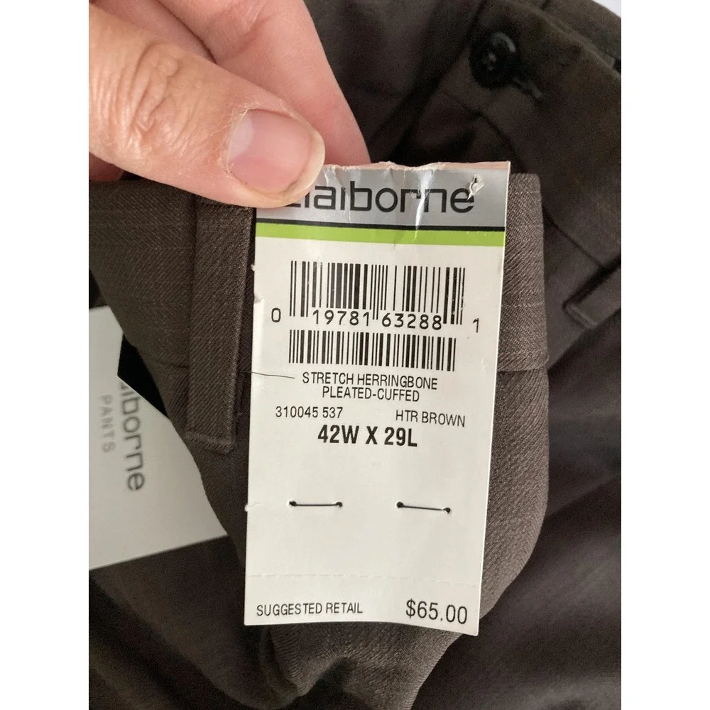 Claiborne Dress Pants Men 42x29 Brown Stretch Herringbone Pleated Cuffed NWT